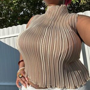 Vintage Champagne night pleated mock neck top